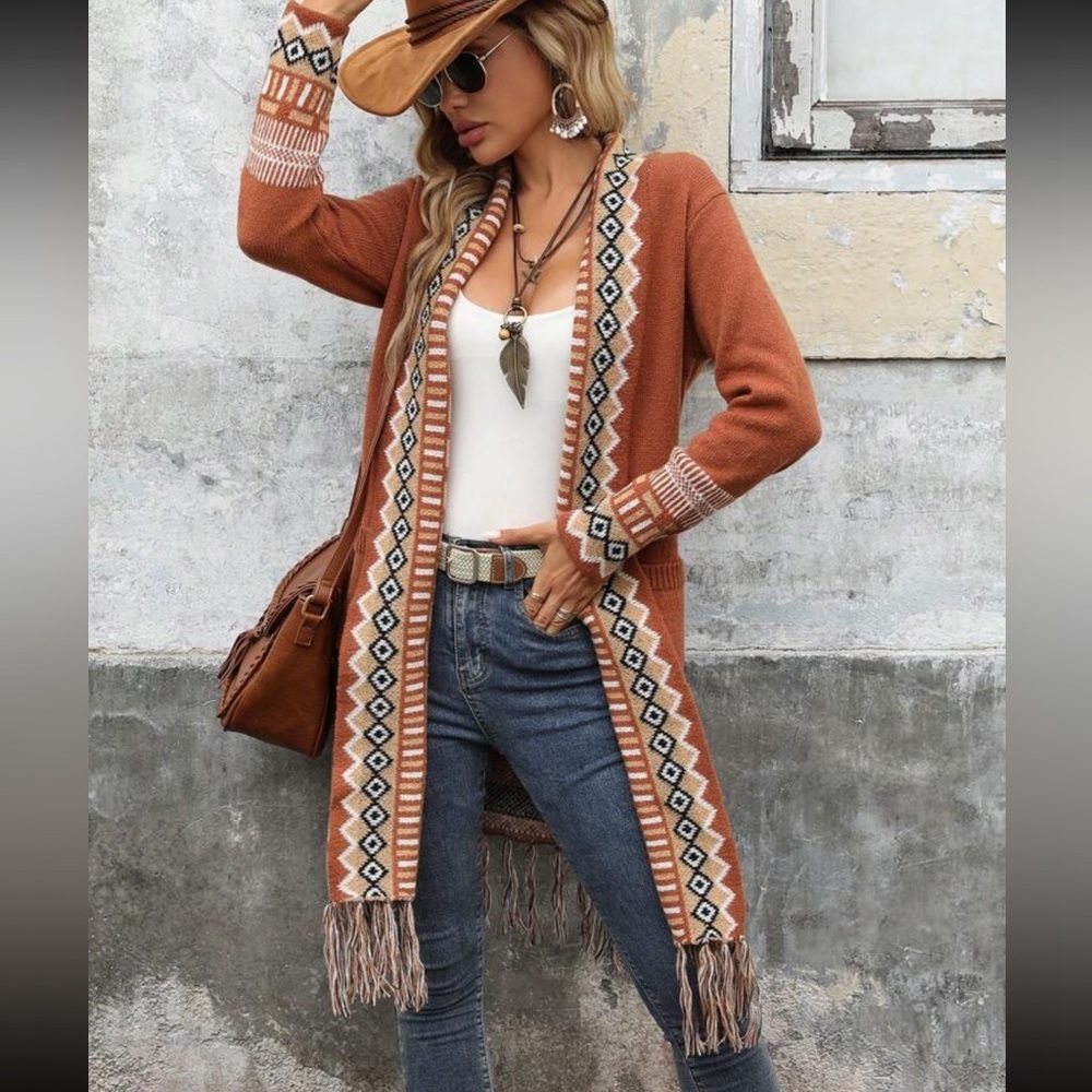 Bohemian Fringe Front Pocket Long Open Knit Cardigan Sweater - Picture 5 of 6
